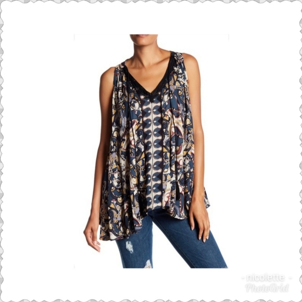 Angie Printed Lace Trim Blouse NWT